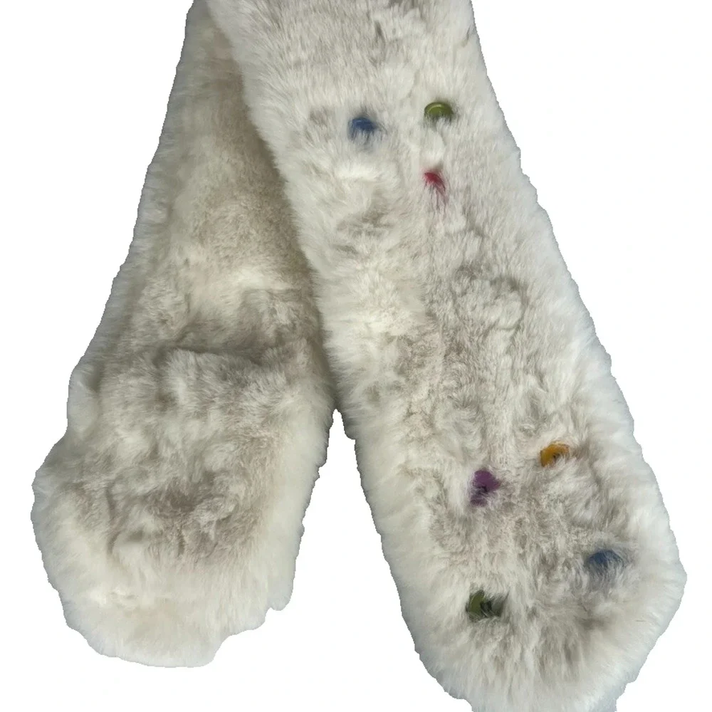 Kids Faux Fur Decorative Button Scarf White